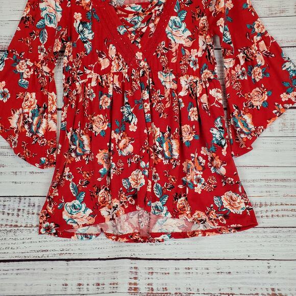 Red Floral Y2K Babydoll Ruffle Tunic Top M Flare Sleeves Boho Hippie Asymmetric - Picture 9 of 12
